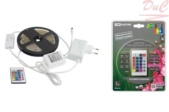 Комплект светодиодной ленты SMD5050-30 LED/м -12 В-7,2 Вт/м-IP65-RGB (3м), 18 Вт, IR-контроллер TDM