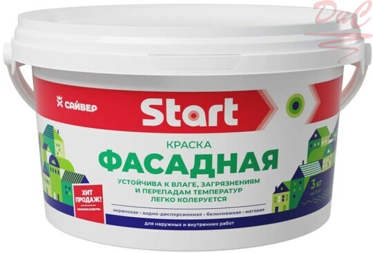 Краска "START" для фасадов белоснежная 1кг Сайвер